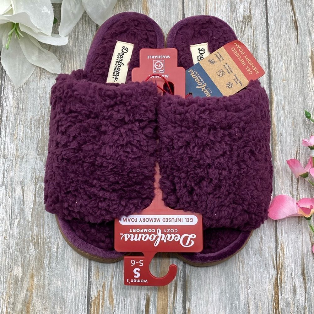 Dearfoams Cozy Comfort Indoor Outdoor Teddy Pile Open Toe Scuff Slippers Shoes S